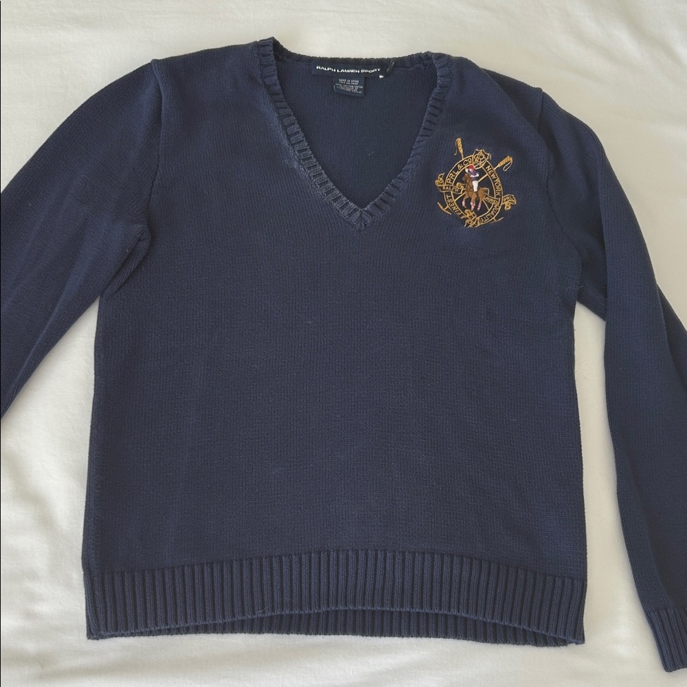 Ralph Lauren Navy V-Neck Sweater with Gold Embroidered Crest XL fits smaller